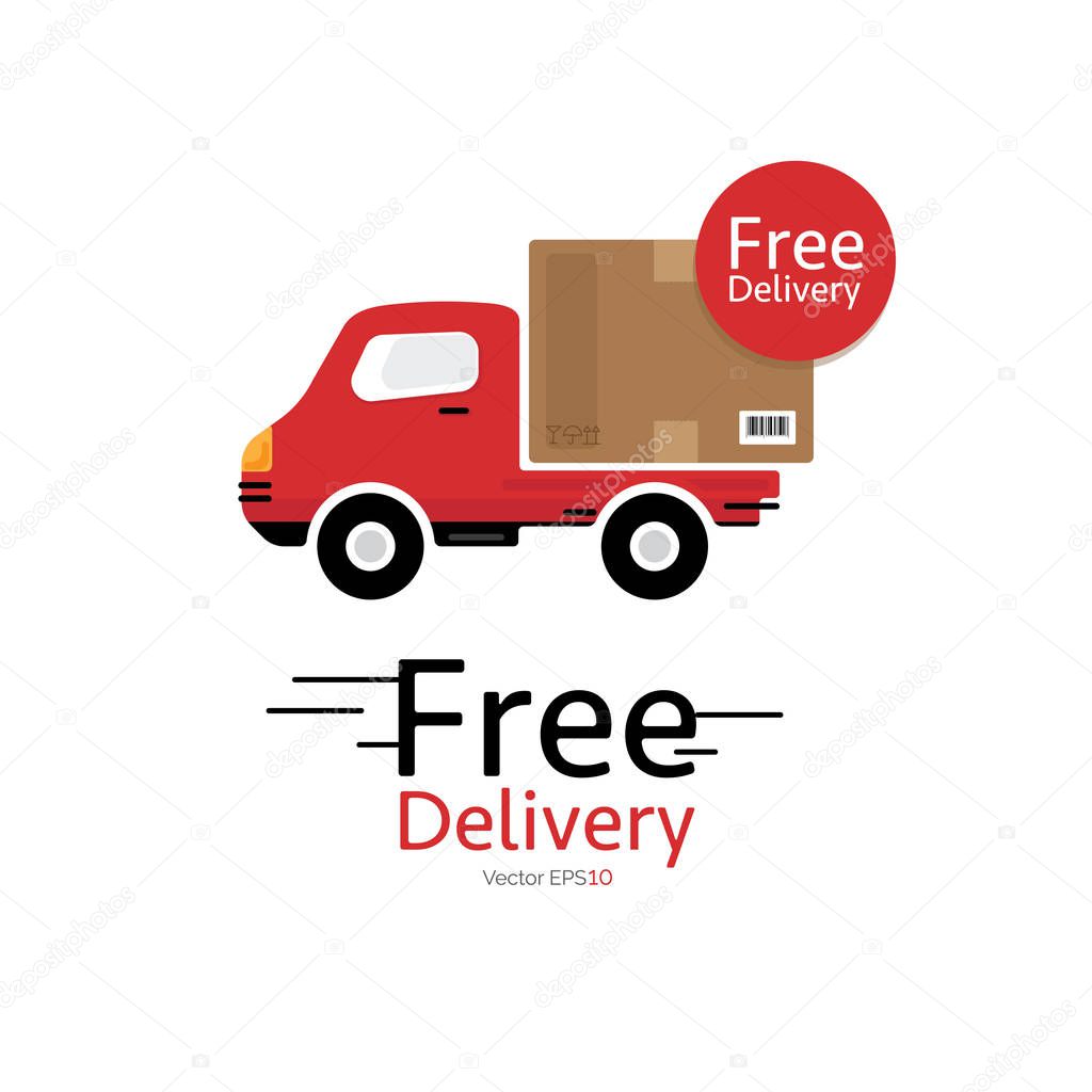 Red delivery car (truck) vector icon with Free Delivery sign