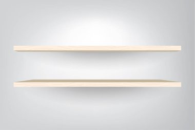 Işık gri arka plan üzerinde boş ahşap raflar