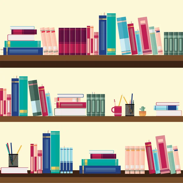 Bücherregale mit bunten Büchern und Schreibwaren — Stockvektor