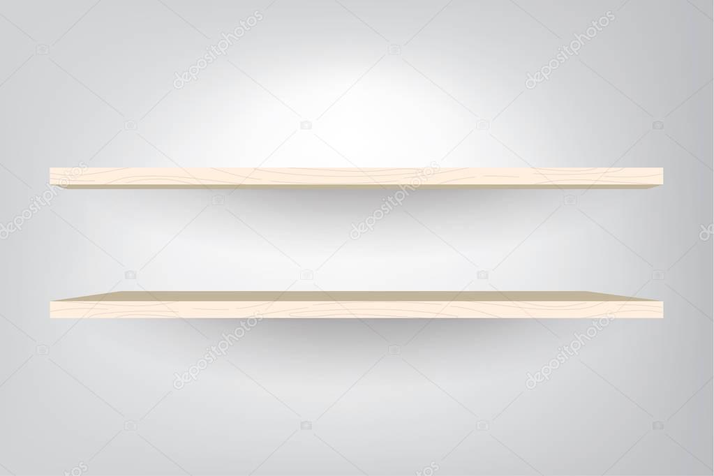 Empty wood shelves on light gray background
