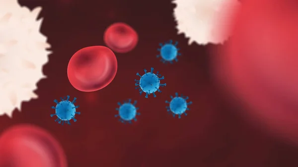 Virus particles in bloodstream with red and white blood cells