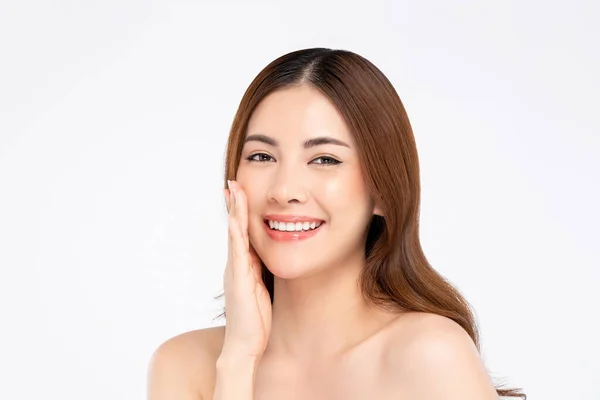 Краса Усміхнених Азіатських Жінок Модель Чистою Справедливою Шкірою Робить Рукостискання — стокове фото