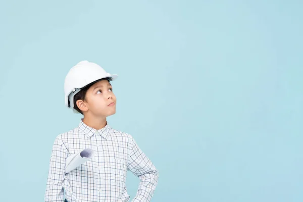 Ingeniero Dudas Con Casco Blanco Mirando Hacia Arriba Aislado Sobre —  Fotos de Stock