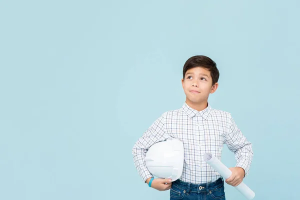 Sonriente Joven Asiático Chico Aspirando Ser Futuro Ingeniero Sosteniendo Blanco —  Fotos de Stock