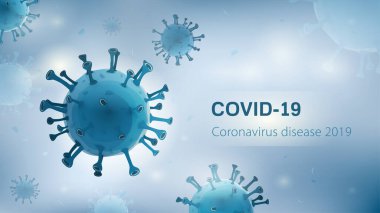 Beyaz mavi zemin üzerinde COVID-19 Coronavirus hastalığı 2019 metni olan virüs parçacıkları