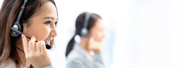 Banner Smiling Telemarketing Asian Woman Working Call Center Office — Stock Photo, Image