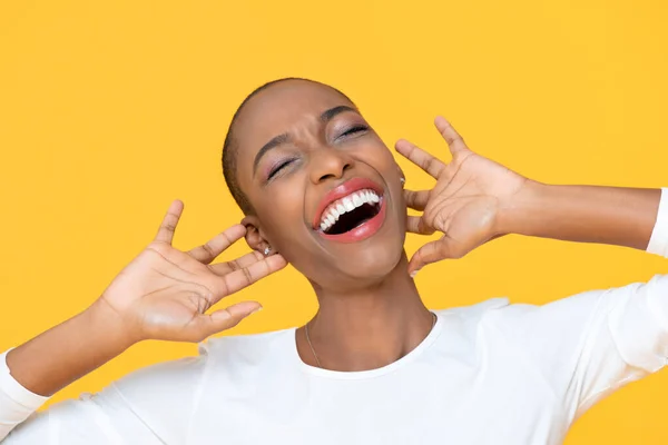 African American Woman Laughing Joy Expressing Happiness Fun Yellow Background — Stock Photo, Image