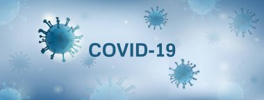 COVID-19 metin içeren beyaz mavi afiş arkaplanındaki virüs parçacıkları