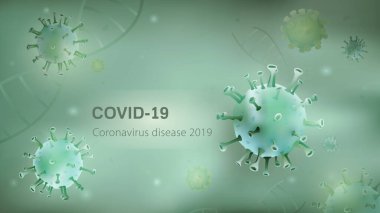 Açık yeşil zemin üzerinde mikroskobik virüs parçacıkları ve DNA ile COVID-19 Coronavirus hastalığı 2019 metni kopyalama alanı üzerine
