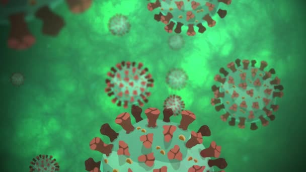 Närbild Coronavirus Eller Covid Partiklar Rör Sig Grön Mikroskopisk Bakgrund — Stockvideo