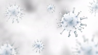 Beyaz gri arkaplanda yüzen koronavirüs ve mikrop parçacıkları