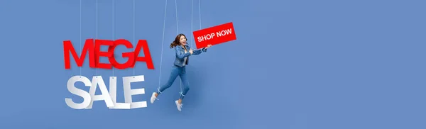 Excited Beautiful Asian Woman Puppet Strings Holding Buy Now Sign — Stock Photo, Image