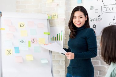 Genç Asyalı kadın üniversite öğretmeni sınıfında öğrencilerine ders veriyor.