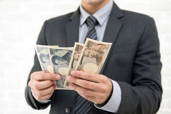 Affärsman Räkna Pengar Fick Precis Betalt Form Japanska Yen Valuta — Stockfoto