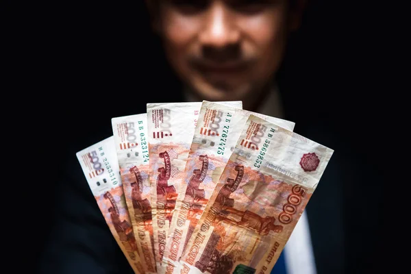 Dinero Billetes Rublo Rusos Frente Cara Del Hombre Oscuridad Conceptos —  Fotos de Stock