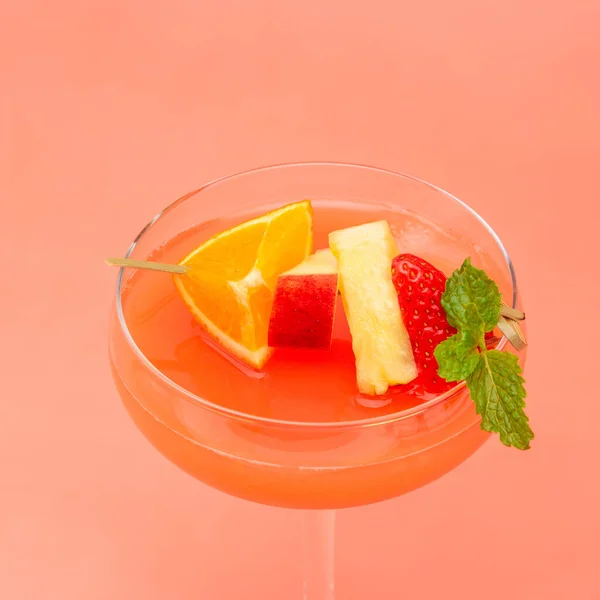 Closeup Colorful Fruit Punch Cocktail Drink Coupe Glass Coral Pink — Stock Photo, Image