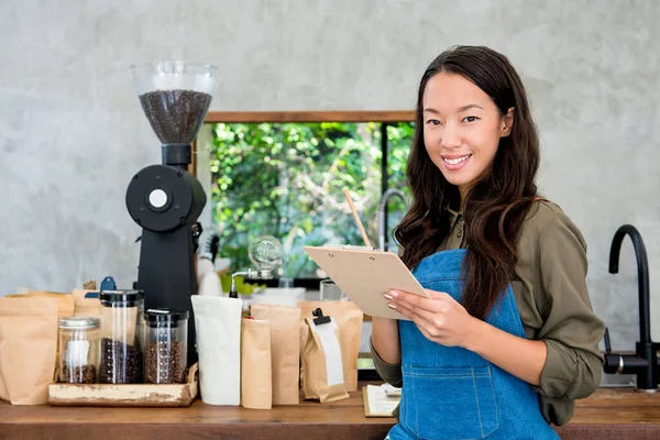 Cheerful Smiling Young Asian Woman Entrepreneur Coffee Shop Counter Ready — Zdjęcie stockowe