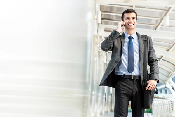Young Handsome Hispanic Businessman Walking Calling Mobile Phone Covered Walkway — Stock Photo, Image