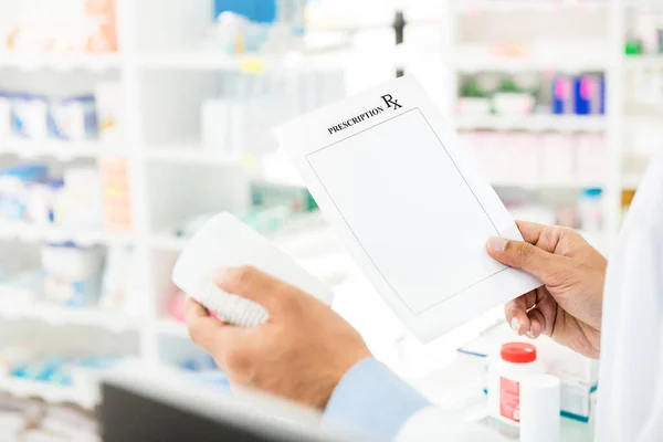 Pharmacist Reading Label Medicine Bottle Checking Prescription Pharmacy — Stock Photo, Image