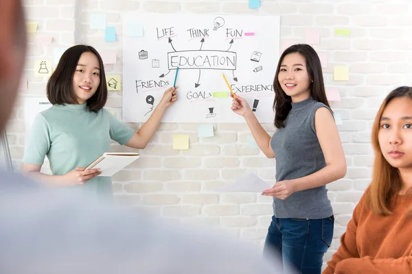 Unga Över Havet Asiatiska Kvinnliga Högskolestudenter Presenterar Projekt Framför Klassrummet — Stockfoto