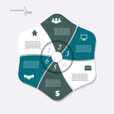 Vektör Infographic şablonuyla 6 adımları, parçalar, seçenekleri, sektör