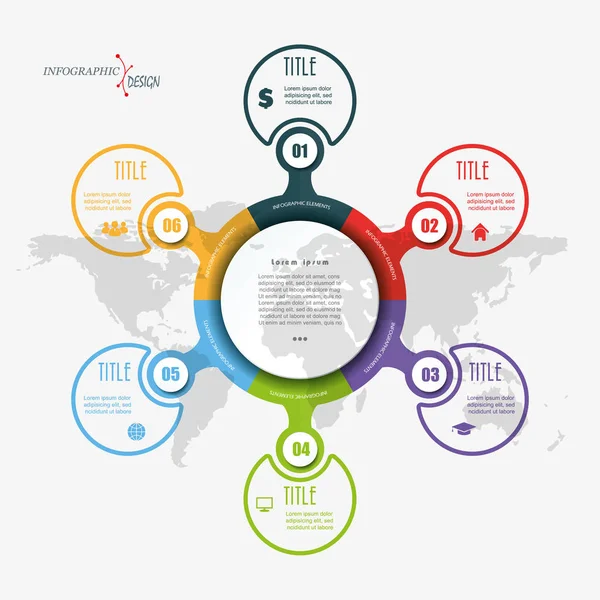 Vektorový infographic prvky s 6 možností a mapa světa. Byt — Stockový vektor