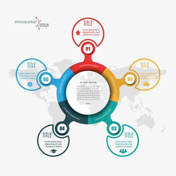 Wektora infographic elementy z 5 Opcje i mapa świata. Z płaskim — Wektor stockowy