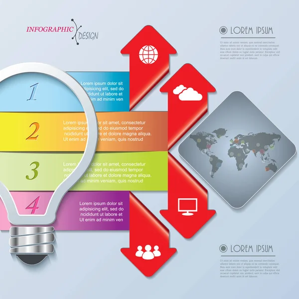 Diseño infográfico creativo con bombilla, números y mapa del mundo — Archivo Imágenes Vectoriales