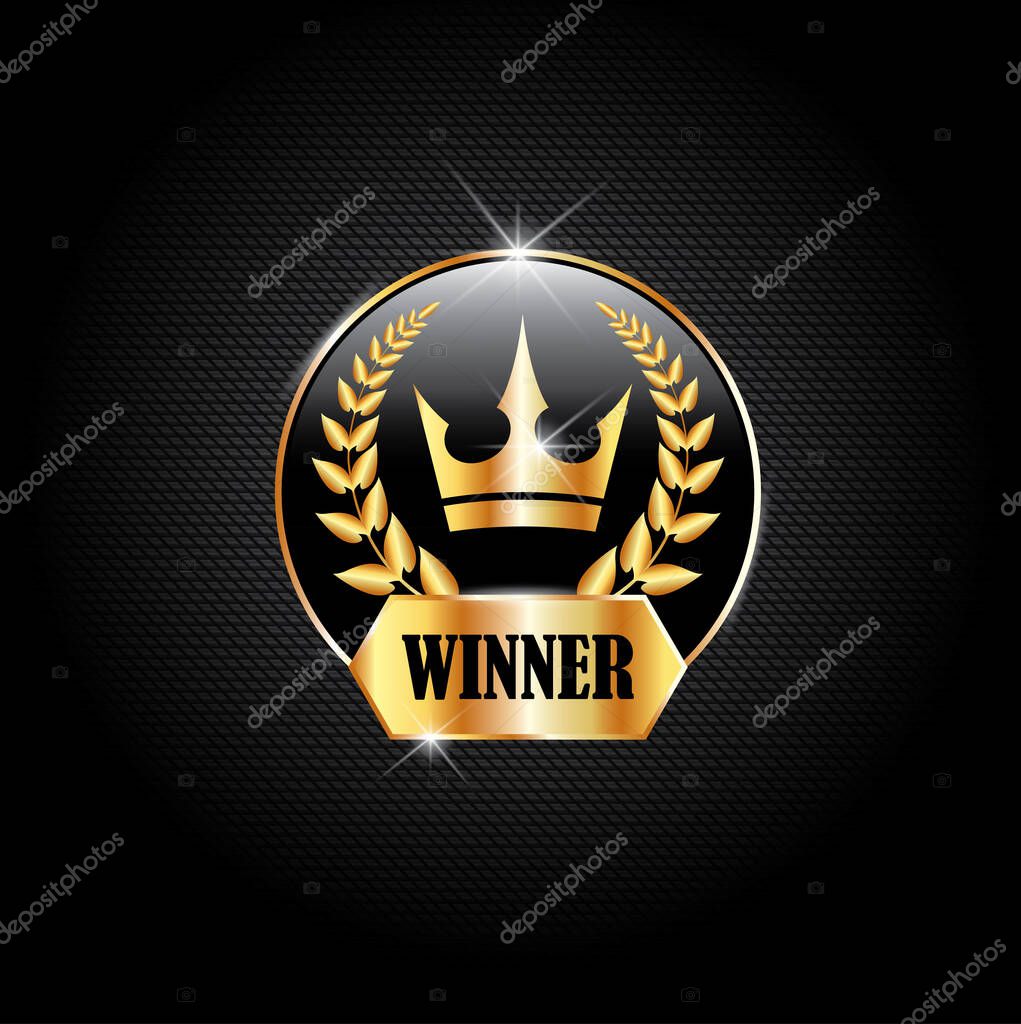 Winner black label with golden crown, laurel wreath. Luxury design for greeting card,  poster, brochure, label on dark background. Vector premium card design.