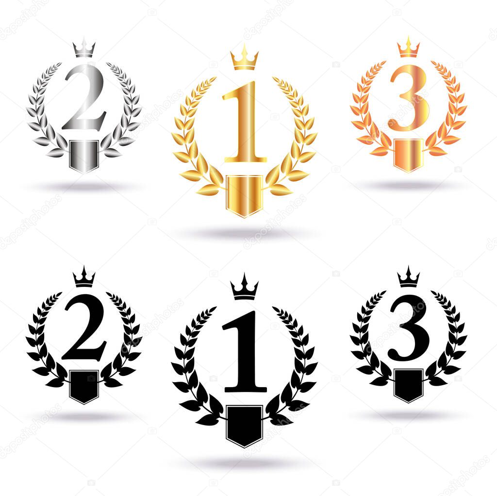 Golden, silver and bronze crowns, laurel wreaths,  with place for text and first, second and third place signs, symbol set.  Winner podium symbols on white background. Vector illustration.