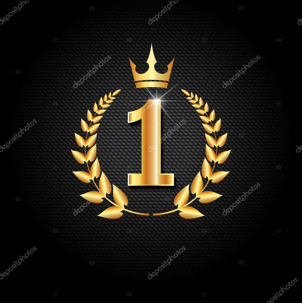 First place symbol, award winner icon. Golden design number one with laurel wreath and crown. Winning competition, success icon
