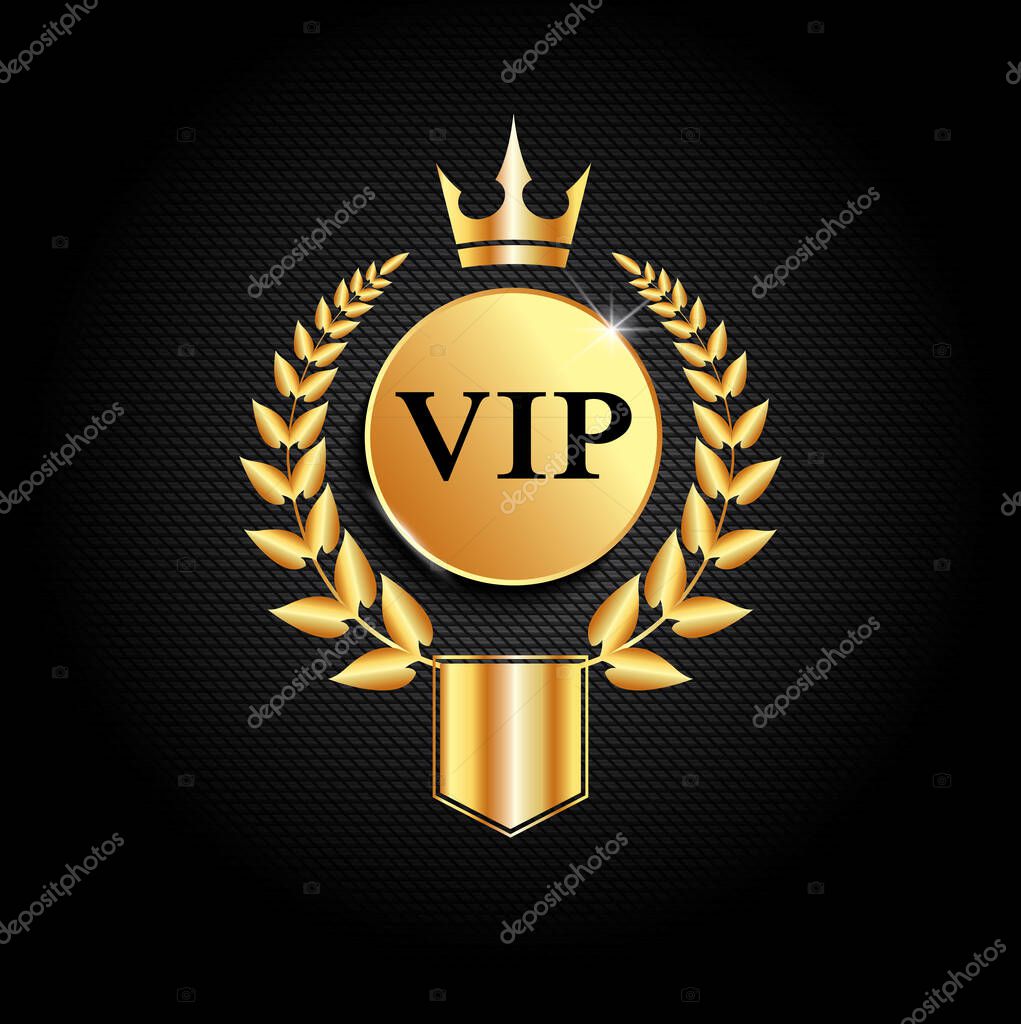 Luxury creative golden vip label. Premium label or card template design on dark background. Golden laurel wreath with  crown and shield.  Vector VIP invitation design template.
