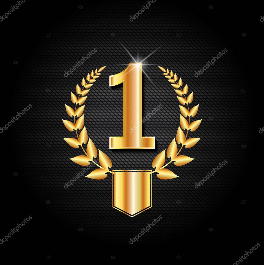First place symbol, award winner icon. Golden design number one with laurel wreath and shield. winning competition, success icon