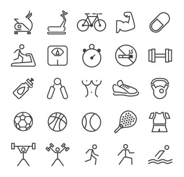 25 Minimalist Katı Çizgi Renkli Spor ve Spor Simgesi. İzole Vektör Elementleri