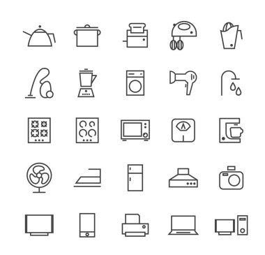 İzole edilmiş Kaliteli Evrensel Minimum Basit Ev Aletleri Beyaz Arkaplanda Siyah İnce Çizgi Simgeleri