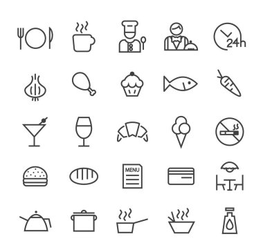 Beyaz Arkaplanda Siyah İnce Çizgili Simgelerin Kaliteli Evrensel Standart Asgari Restoranı