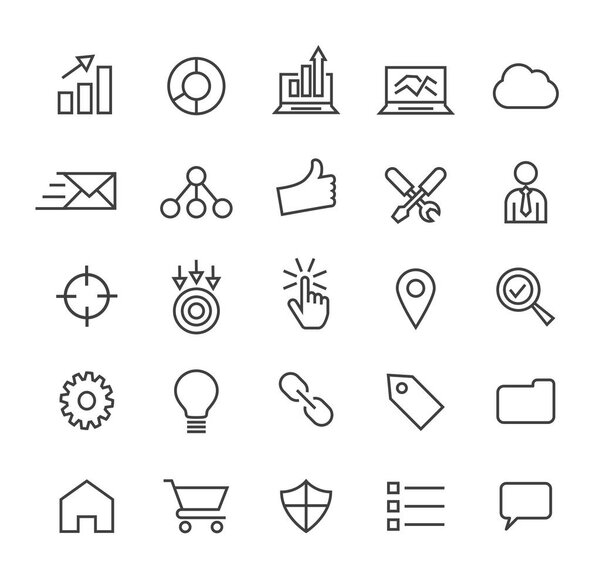 Set of Quality Isolated Universal Standard Minimal Simple SEO and Development Black Thin Line Icons on White Background