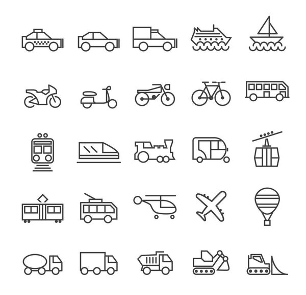Set of Quality Universal Standard Minimal Simple Transport Black Thin Line Icons on White Background