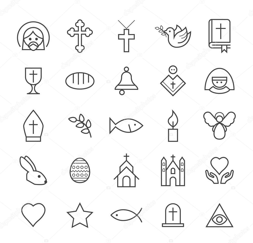Set of Quality Isolated Universal Standard Minimal Simple Christian Black Thin Line Icons on White Background