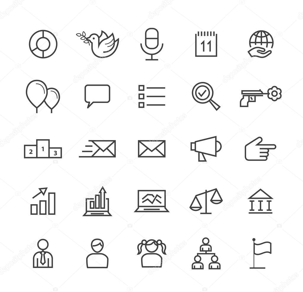 Set of Quality Isolated Universal Standard Minimal Simple Black Thin Line Politics Concepts Icons on White Background