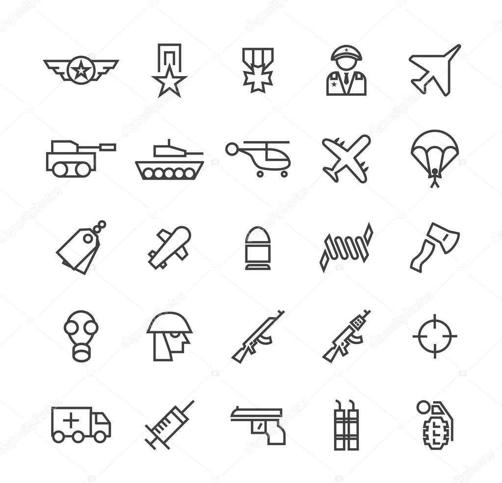 Set of Quality Universal Standard Minimal Simple War Black Thin Line Icons on White Background
