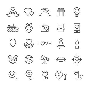 Kaliteli Evrensel Standart Minimum Sevgililer Günü Beyaz Arkaplanda Siyah İnce Çizgili Simgeler