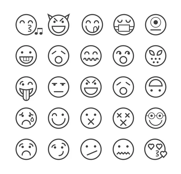 Conjunto de Qualidade Universal Padrão Mínimo Simples Preto Linha Fina Emoticons em Fundo Branco — Vetor de Stock