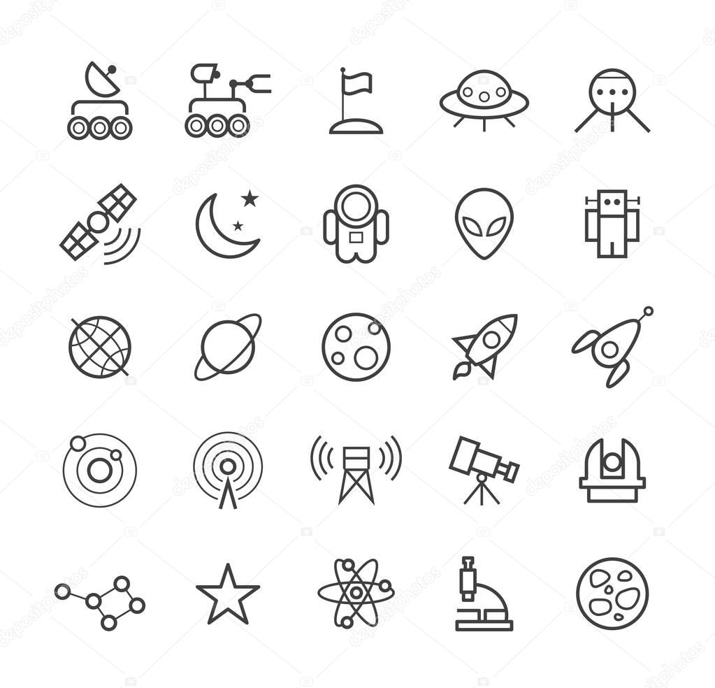 Set of Quality Isolated Universal Standard Minimal Simple Space Black Thin Line Icons on White Background