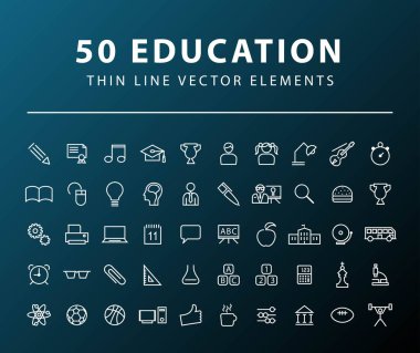 Karanlık Arkaplanda 50 Minimal İnce Çizgi Eğitim Simgesi. İzole Vektör Elementleri