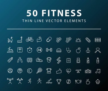 Karanlık Arkaplanda 50 Minimal İnce Çizgili Fitness Simgesi seti. İzole Vektör Elementleri