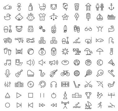 100 İzole Minimalist Modern Basit Siyah Vuruş Simgesi (Baby, Beach, Music and Sport )