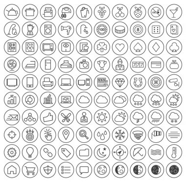 Set of 100 Minimal Universal Modern Elegant Black Thin Line Icons on Circular Buttons ( Casino , Home Appliances , Weather , SEO and Development ) on White Background clipart