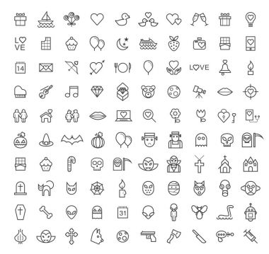 Beyaz Arkaplanda 100 İzole Asgari Modern Basit Siyah Vuruş Simgesi (Sevgililer Günü, Cadılar Bayramı ve Korkunç Elementler) )