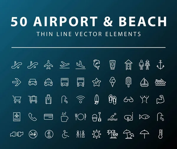 Conjunto de 50 Minimal Thin Line Airport e ícones de praia em fundo escuro. Elementos vetoriais isolados —  Vetores de Stock